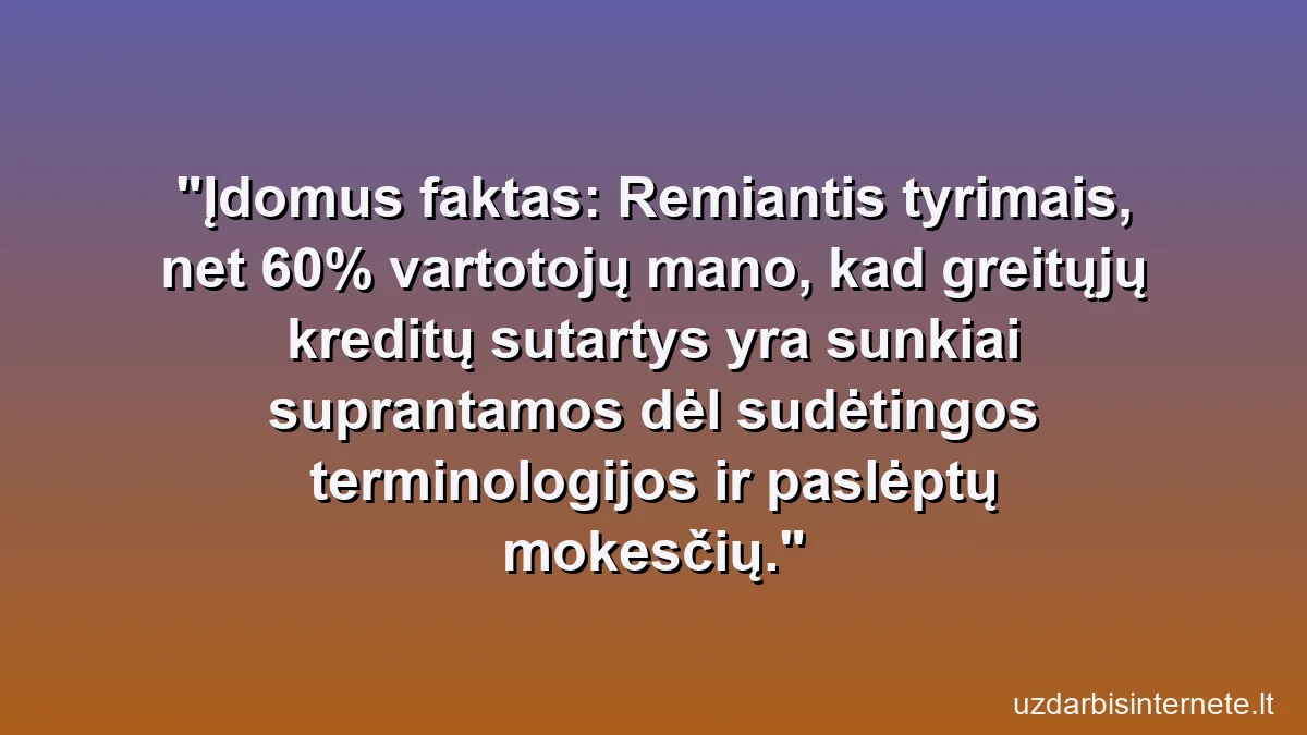 Įdomus faktas: Remiantis tyrimais, net 60% vartotojų mano, kad greitųjų kreditų sutartys yra sunkiai suprantamos dėl sudėtingos terminologijos ir paslėptų mokesčių.