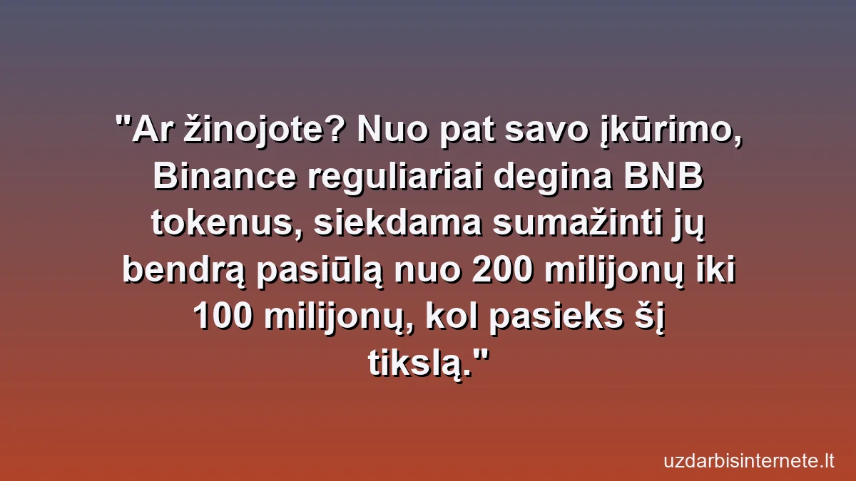 Ar žinojote? Nuo pat savo įkūrimo, Binance reguliariai degina BNB tokenus, siekdama sumažinti jų bendrą pasiūlą nuo 200 milijonų iki 100 milijonų, kol pasieks šį tikslą.