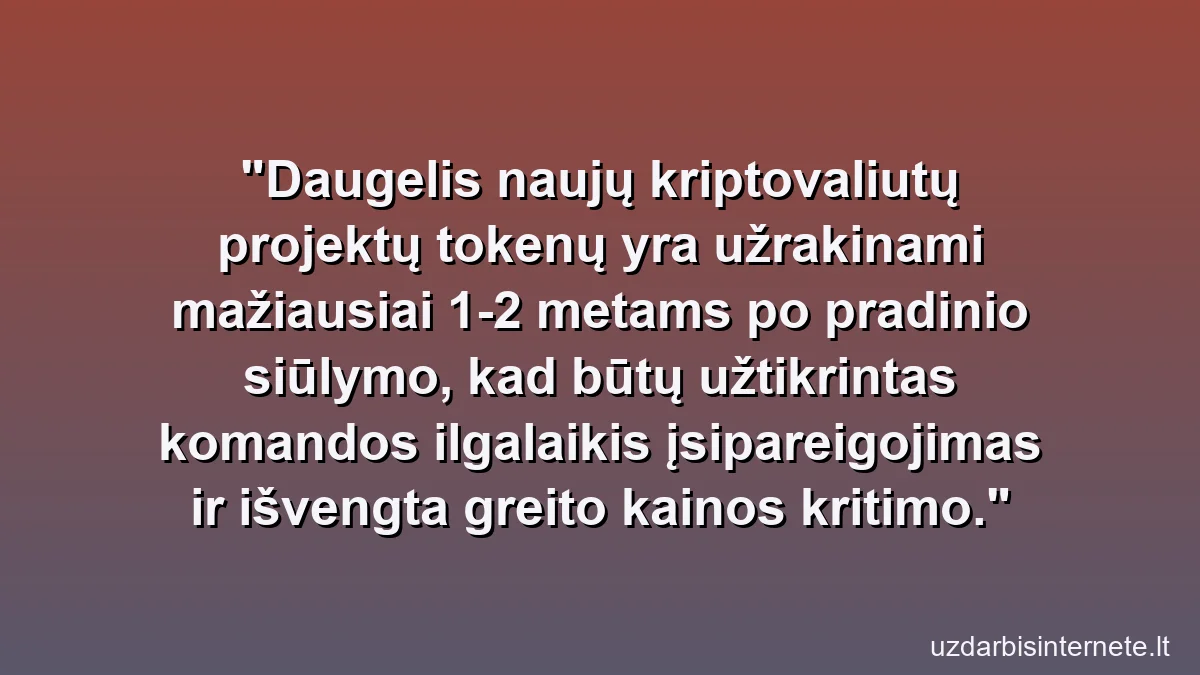 Daugelis naujų kriptovaliutų projektų tokenų yra užrakinami mažiausiai 1-2 metams po pradinio siūlymo, kad būtų užtikrintas komandos ilgalaikis įsipareigojimas ir išvengta greito kainos kritimo.