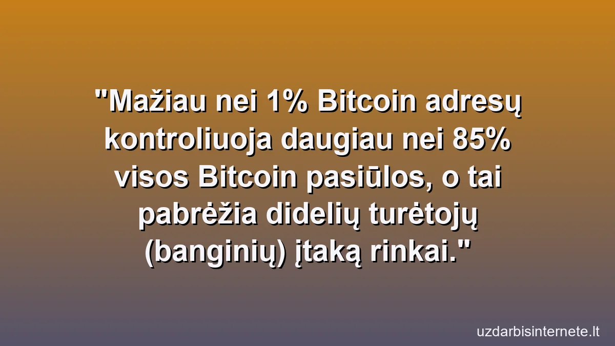 Mažiau nei 1% Bitcoin adresų kontroliuoja daugiau nei 85% visos Bitcoin pasiūlos, o tai pabrėžia didelių turėtojų (banginių) įtaką rinkai.