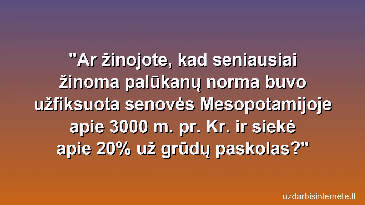 Ar žinojote, kad seniausiai žinoma palūkanų norma buvo užfiksuota senovės Mesopotamijoje apie 3000 m. pr. Kr. ir siekė apie 20% už grūdų paskolas?