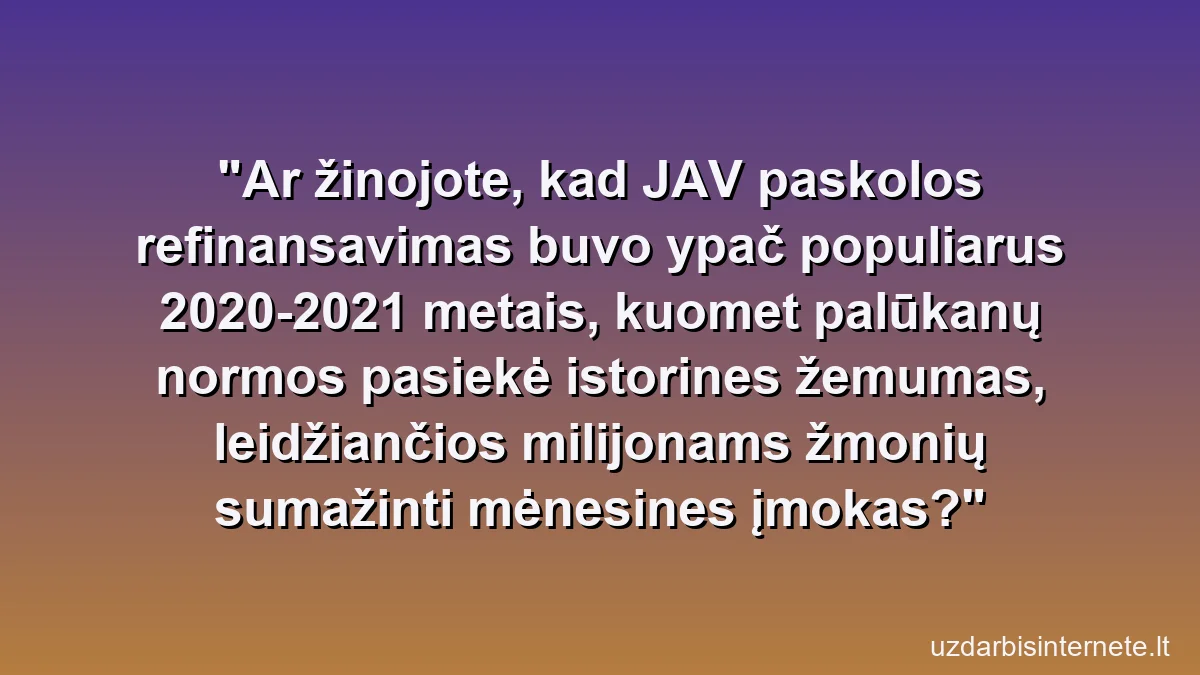 Ar žinojote, kad JAV paskolos refinansavimas buvo ypač populiarus 2020-2021 metais, kuomet palūkanų normos pasiekė istorines žemumas, leidžiančios milijonams žmonių sumažinti mėnesines įmokas?