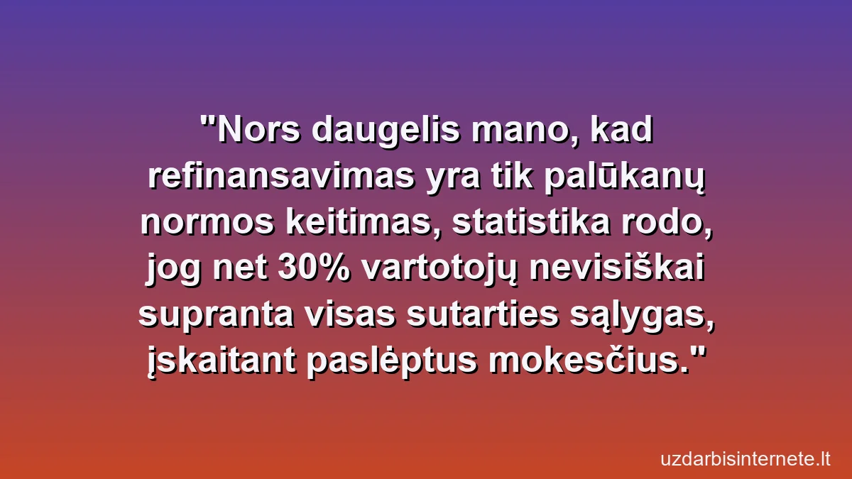 Nors daugelis mano, kad refinansavimas yra tik palūkanų normos keitimas, statistika rodo, jog net 30% vartotojų nevisiškai supranta visas sutarties sąlygas, įskaitant paslėptus mokesčius.