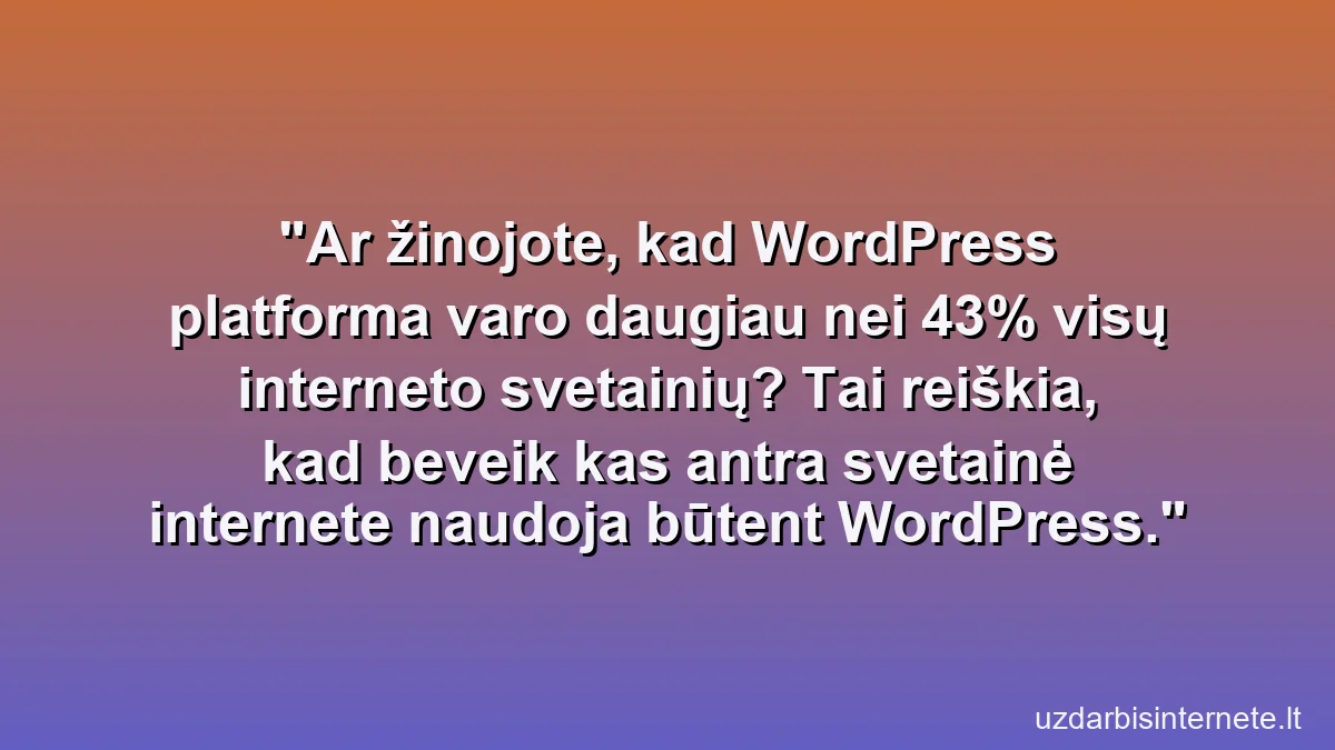 Ar žinojote, kad WordPress platforma varo daugiau nei 43% visų interneto svetainių? Tai reiškia, kad beveik kas antra svetainė internete naudoja būtent WordPress.