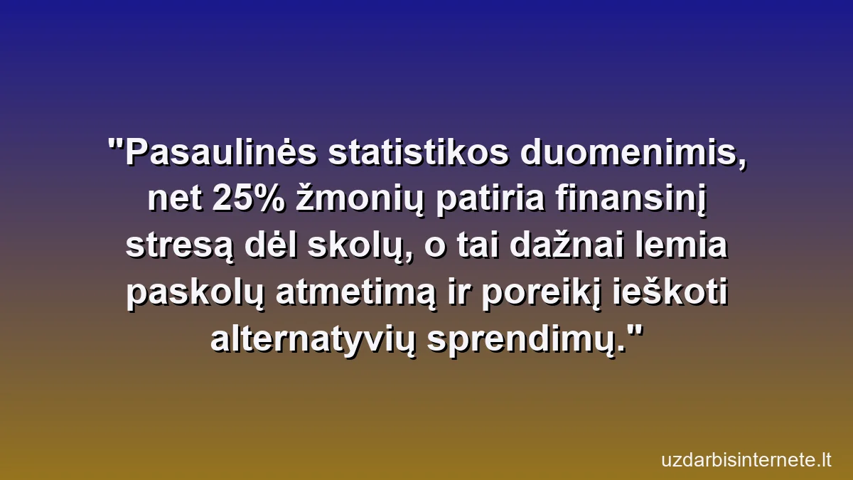 Pasaulinės statistikos duomenimis, net 25% žmonių patiria finansinį stresą dėl skolų, o tai dažnai lemia paskolų atmetimą ir poreikį ieškoti alternatyvių sprendimų.