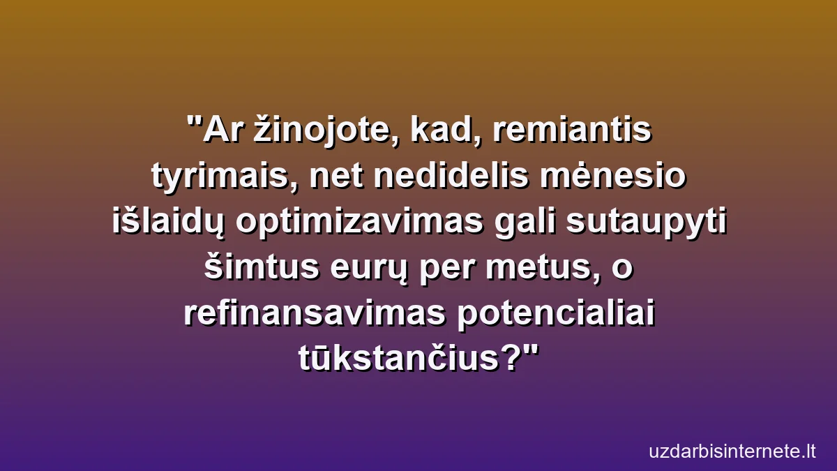 Ar žinojote, kad, remiantis tyrimais, net nedidelis mėnesio išlaidų optimizavimas gali sutaupyti šimtus eurų per metus, o refinansavimas potencialiai tūkstančius?