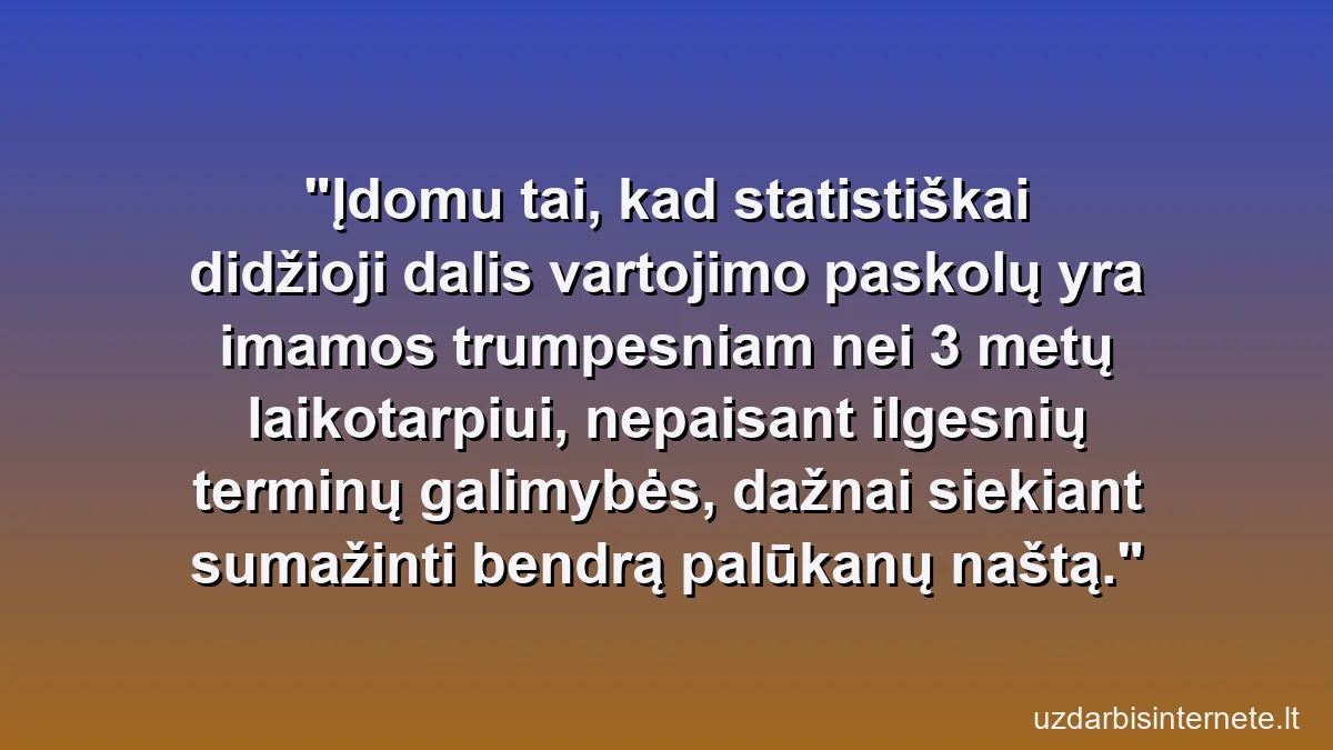 Įdomu tai, kad statistiškai didžioji dalis vartojimo paskolų yra imamos trumpesniam nei 3 metų laikotarpiui, nepaisant ilgesnių terminų galimybės, dažnai siekiant sumažinti bendrą palūkanų naštą.