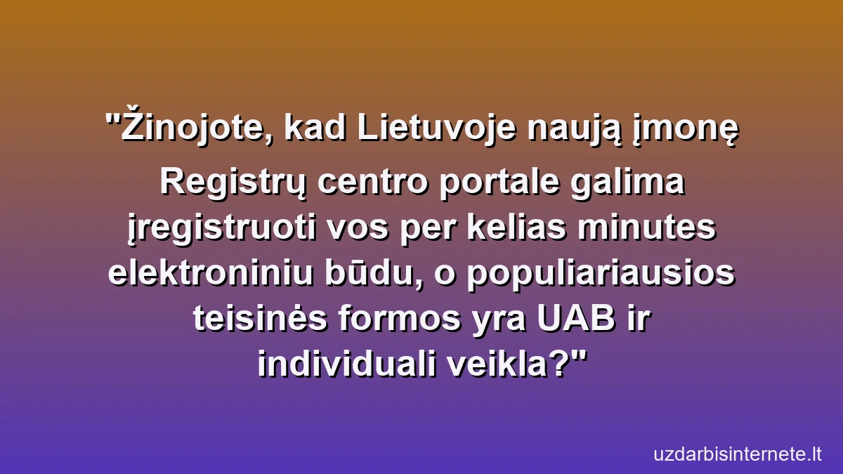 Žinojote, kad Lietuvoje naują įmonę Registrų centro portale galima įregistruoti vos per kelias minutes elektroniniu būdu, o populiariausios teisinės formos yra UAB ir individuali veikla?