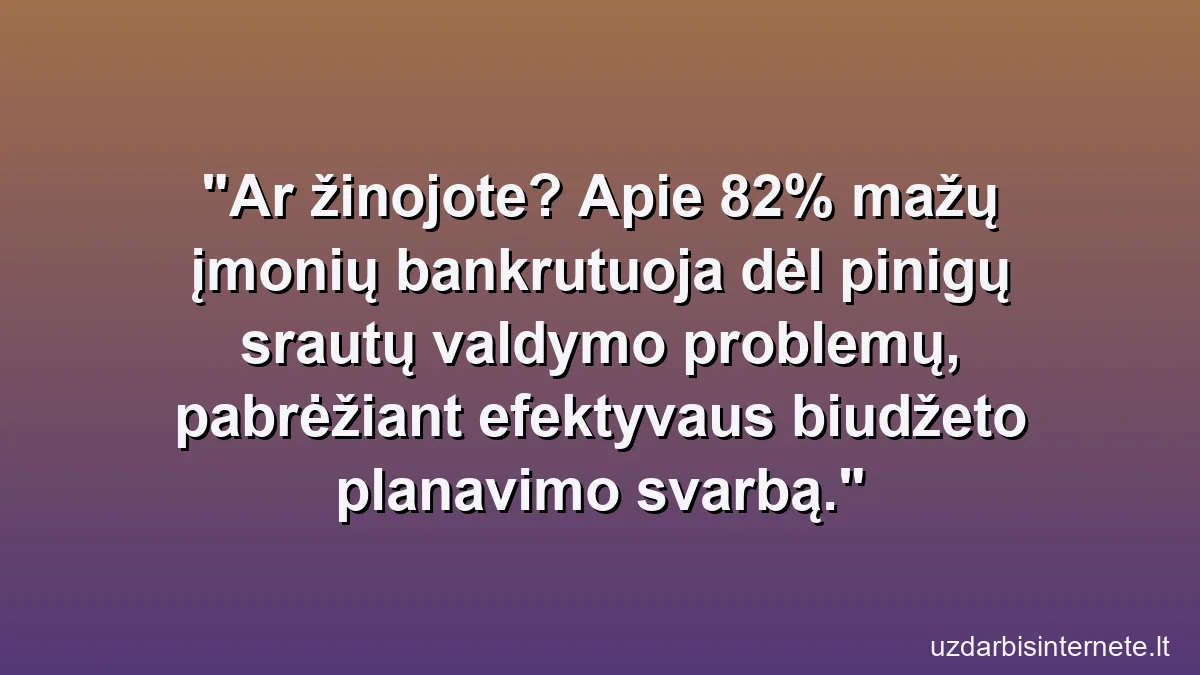 Ar žinojote? Apie 82% mažų įmonių bankrutuoja dėl pinigų srautų valdymo problemų, pabrėžiant efektyvaus biudžeto planavimo svarbą.