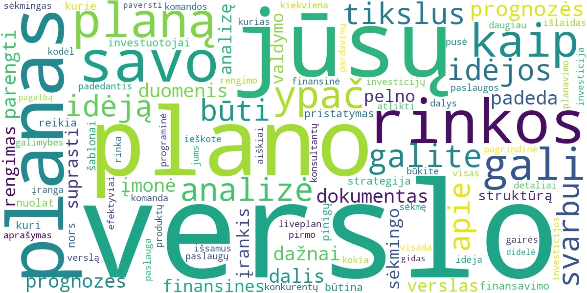 Word cloud for article: Verslo Plano Rengimas: Išsamus Gidas nuo Idėjos iki Pelno